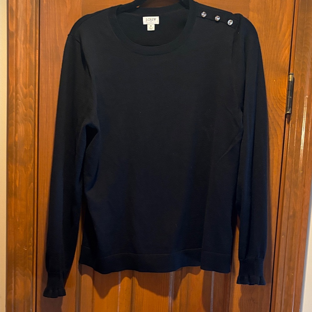 J. Crew Black Rhinestone Button-Shoulder Sweater